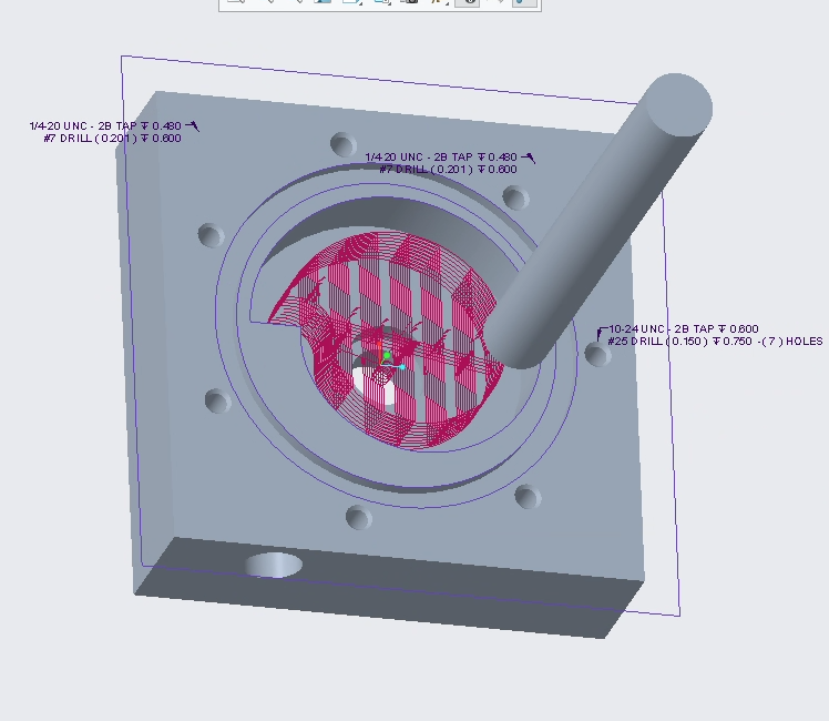 Roughing toolpath used to remove bulk acrylic material from the internal cavity.